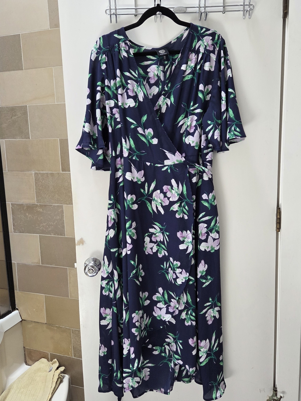 Floral Wrap Midi Dress - Navy with Pink & Green